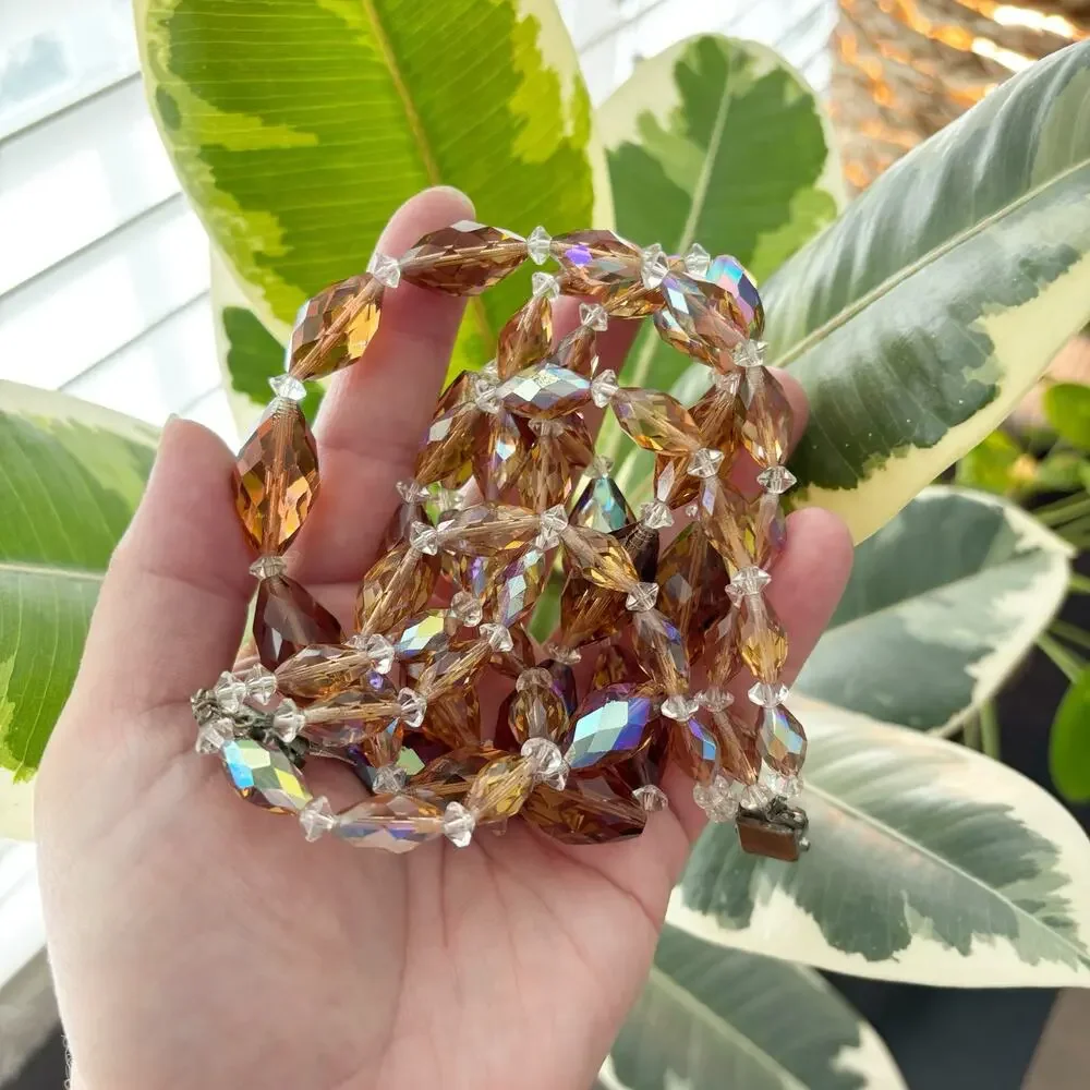 Vintage 1950s AB Crystal Triple Strand Necklace Amber Smokey Topaz Gold - Picture 9 of 12